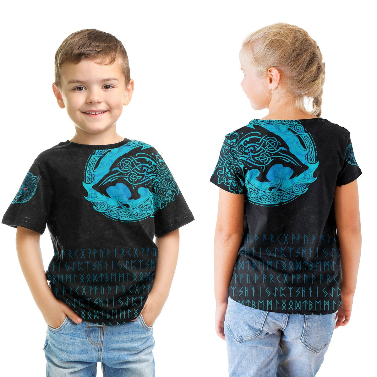 Viking T shirt Kid - Fenrir Wolf Cyan RLT12 - Wonder Print Shop