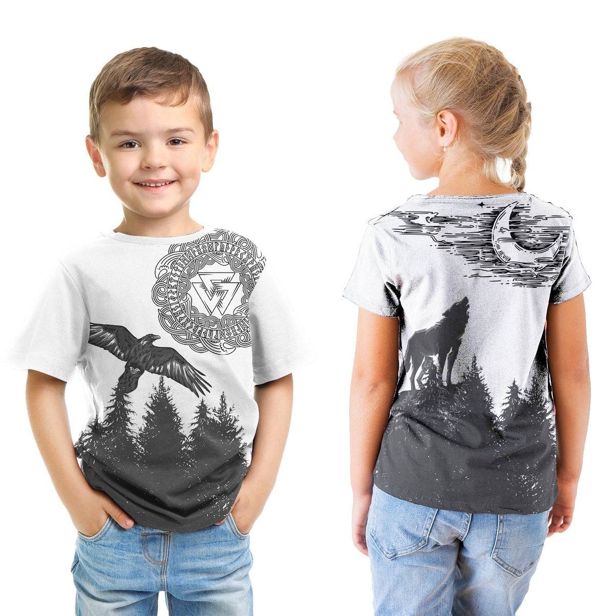 Viking Raven and Wolf In Pine Forest T shirt Kid RLT12 - Wonder Print Shop