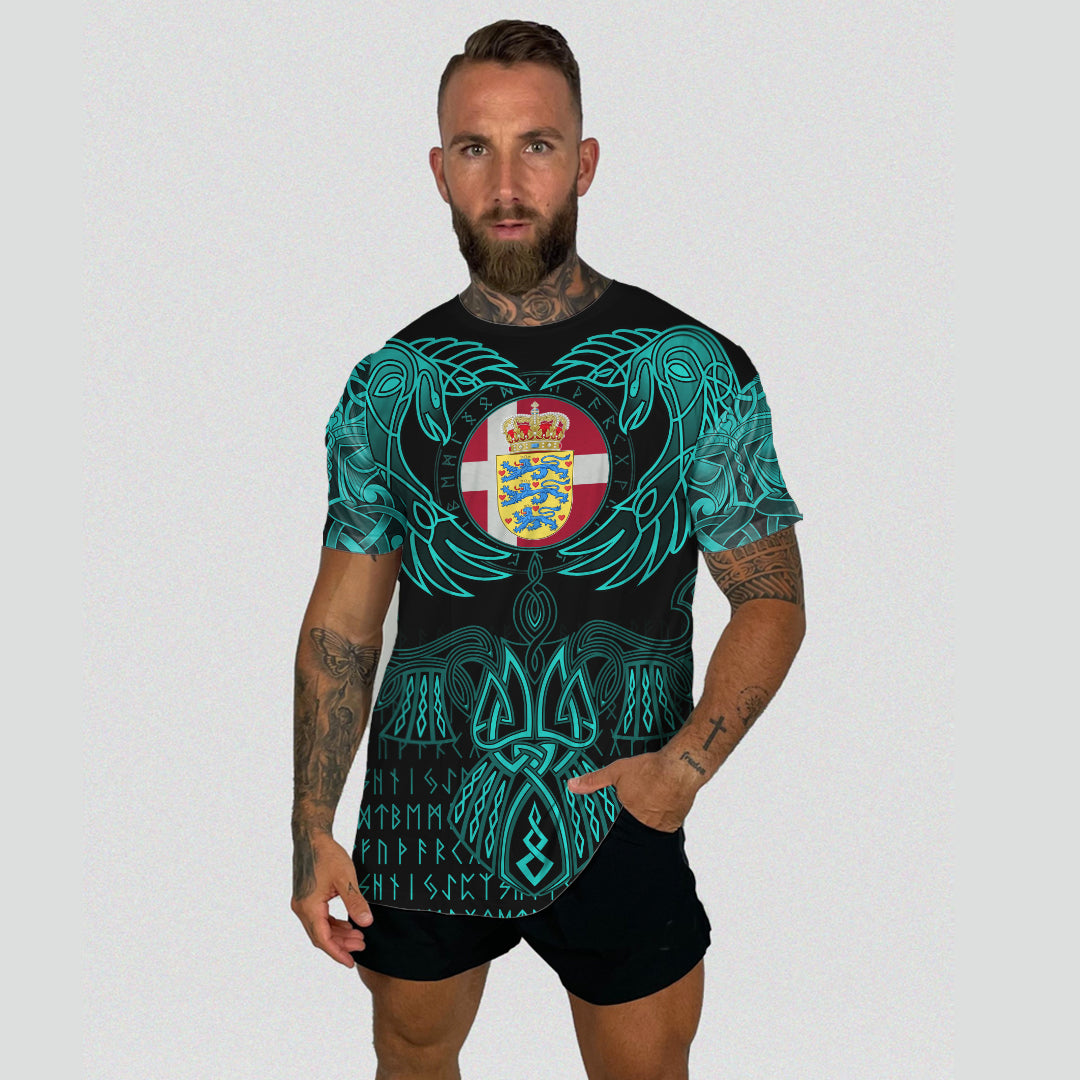 Viking Denmark T Shirt Valknut of Odin Cyan RLT12 - Wonder Print Shop
