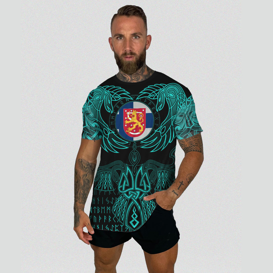 Viking Finland T Shirt Valknut of Odin Cyan RLT12 - Wonder Print Shop