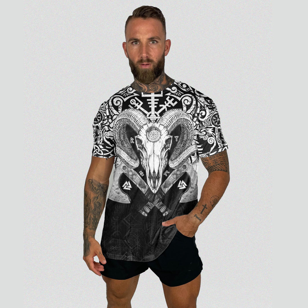Viking Ram Skull Tattoo With Vegvisir and Valknut T Shirt RLT12 - Wonder Print Shop