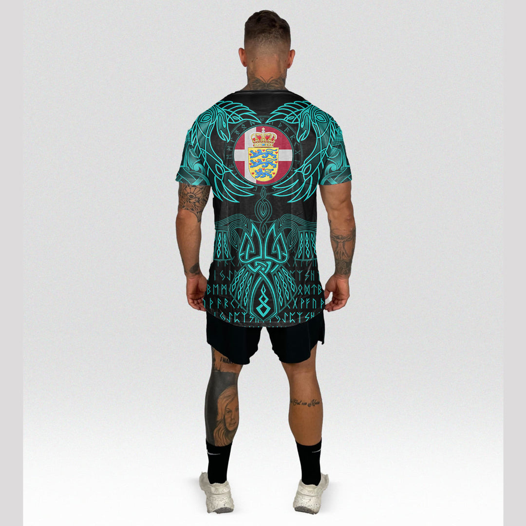 Viking Denmark T Shirt Valknut of Odin Cyan RLT12 - Wonder Print Shop