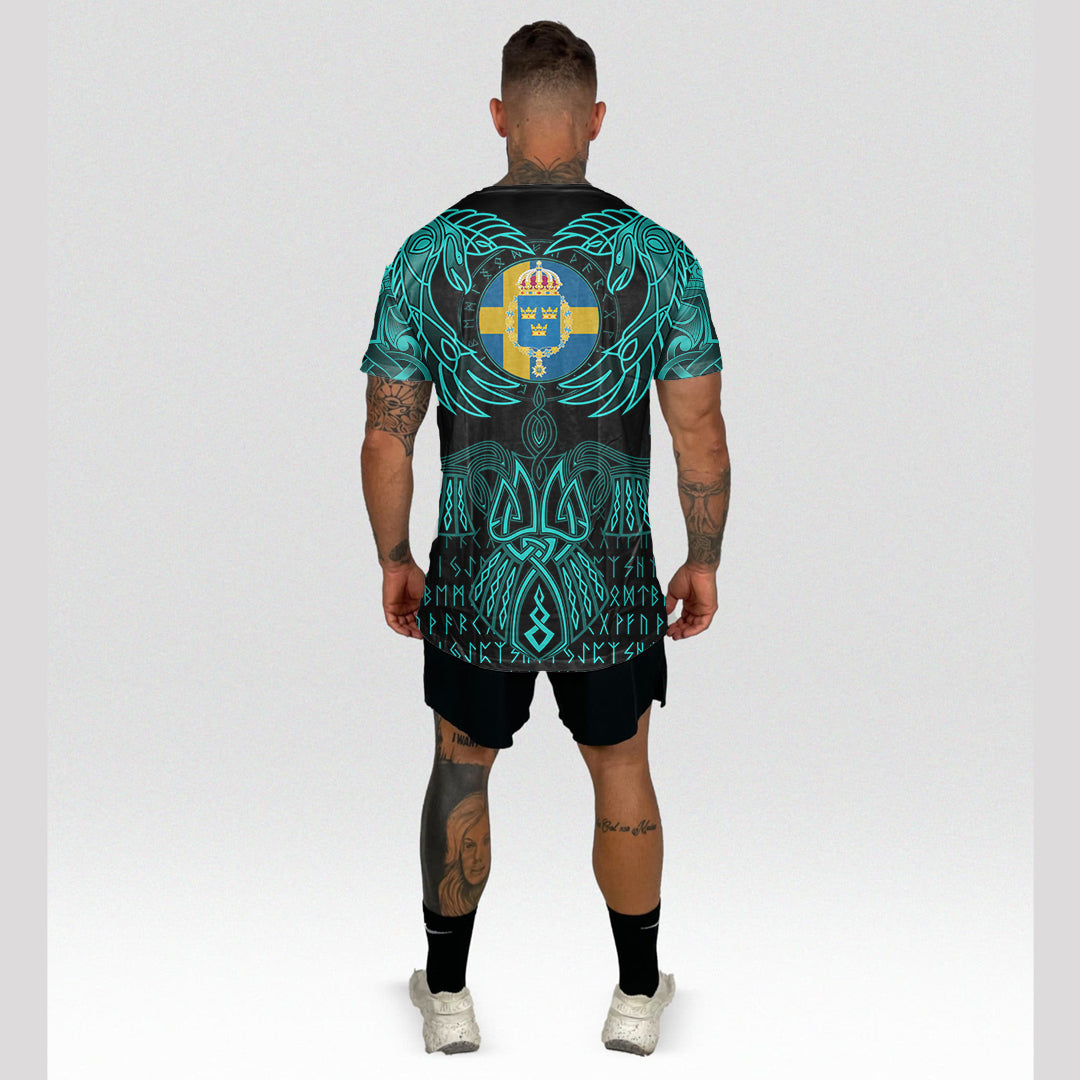 Viking Sweden T Shirt Valknut of Odin Cyan RLT12 - Wonder Print Shop