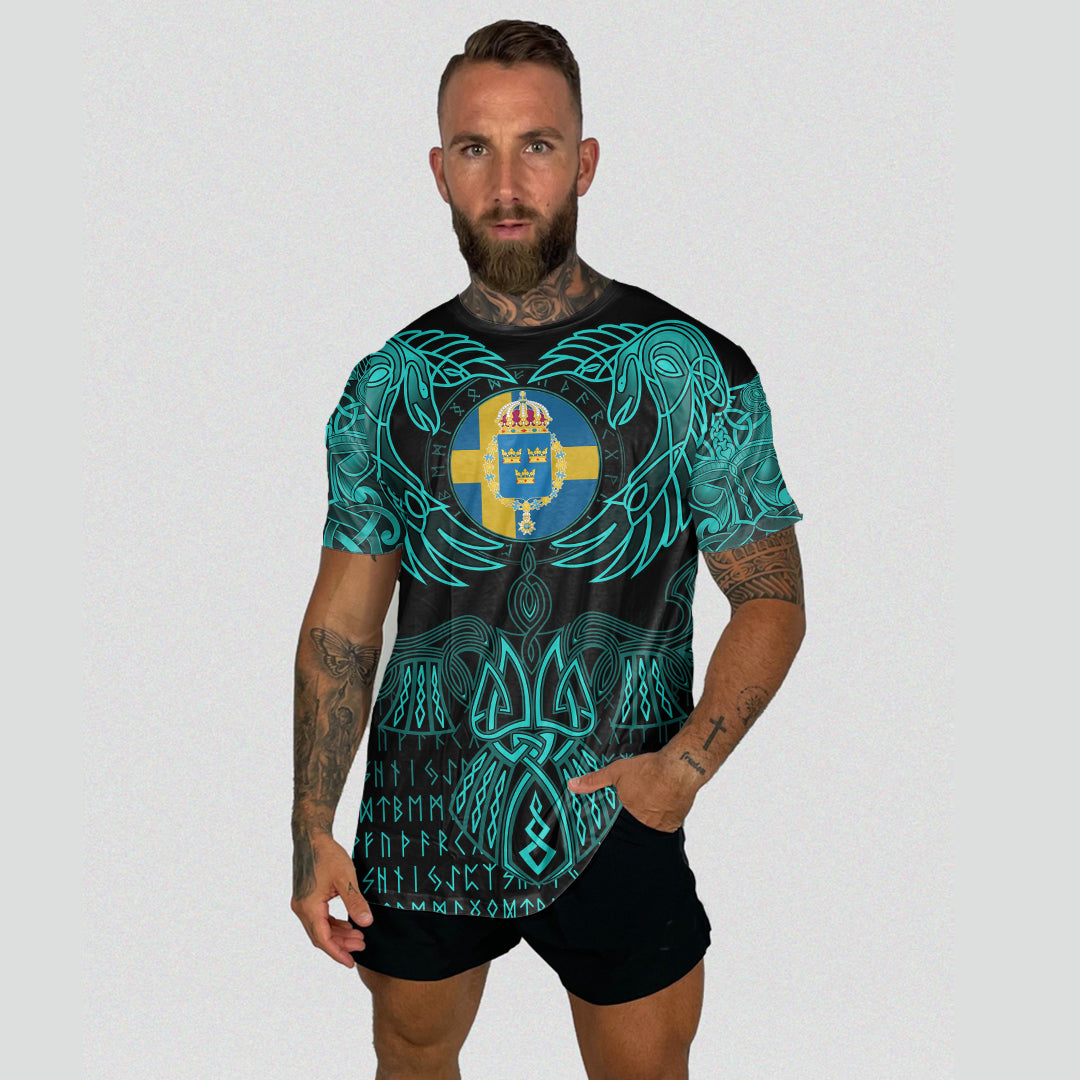 Viking Sweden T Shirt Valknut of Odin Cyan RLT12 - Wonder Print Shop