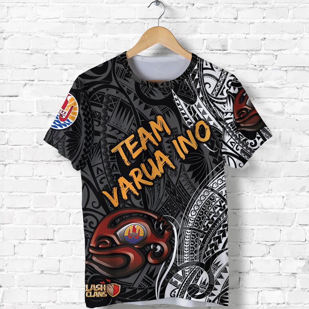 Black graphic T-shirt with TEAM VARUNO text and round emblem, short sleeves