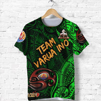 Green jersey T-shirt with TEAM VARUA INO front print and tribal artwork, crew neck