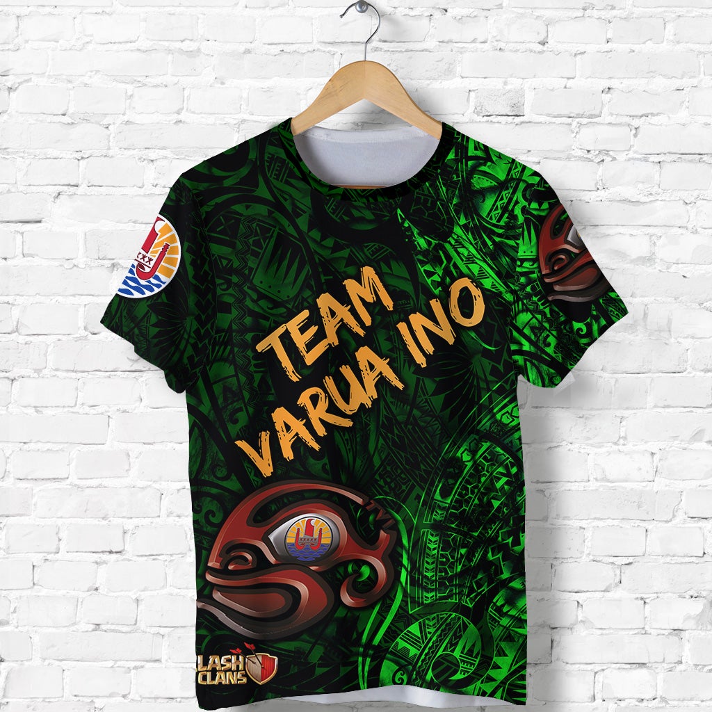 Green short-sleeve T-shirt featuring “TEAM VARU INO” and a large tribal emblem.