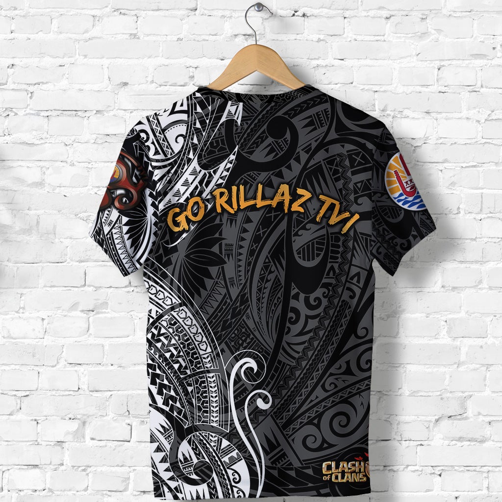Black graphic T-shirt back with GO RILLAZ TVI print and Clash of Clans mark