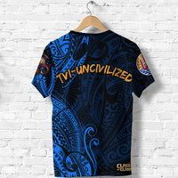 Blue tribal T-shirt back with TVI-UNCIVILIZED graphic and Clash of Clan logo