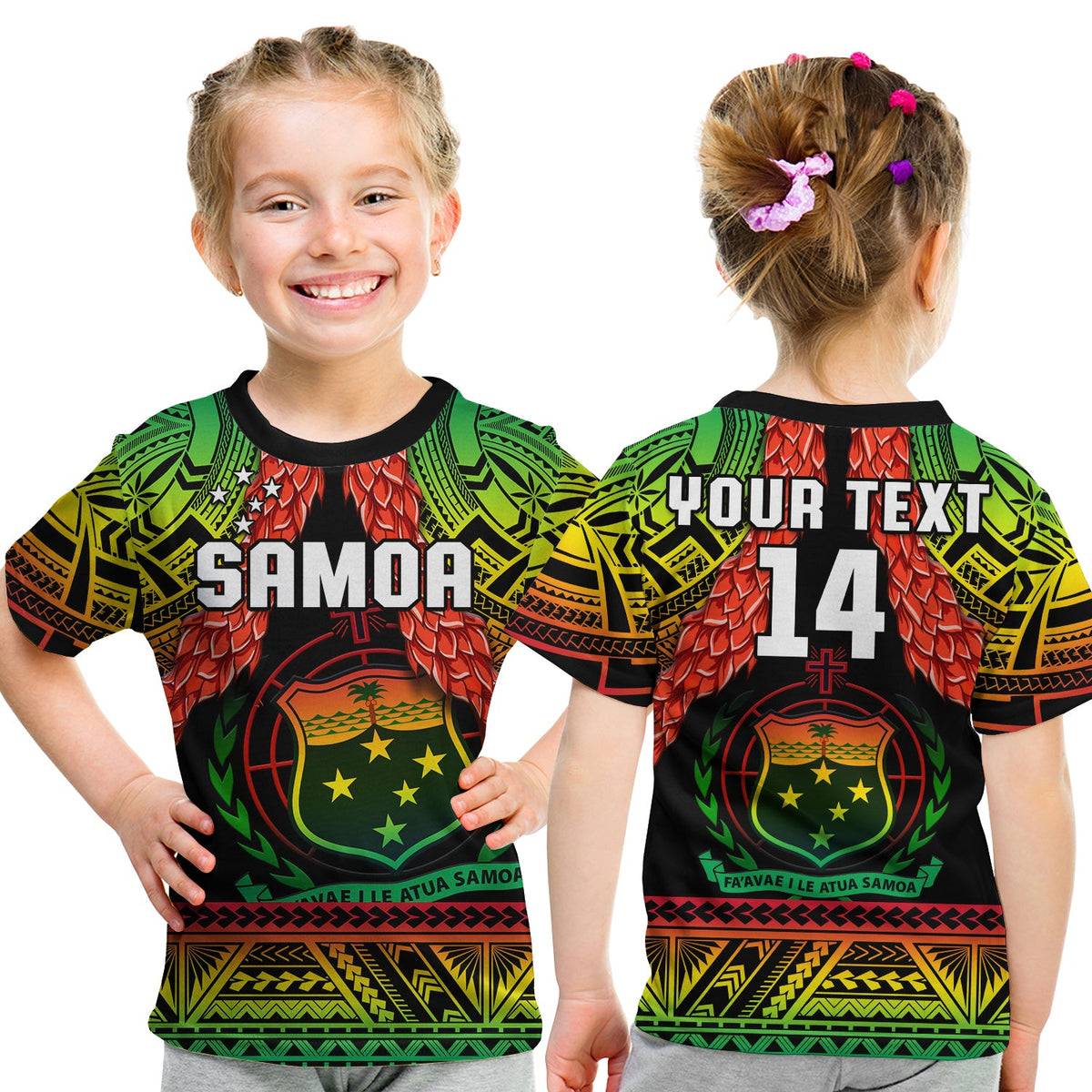 Kids rugby t-shirt front with SAMOA text, red leaves, and green/yellow patterns