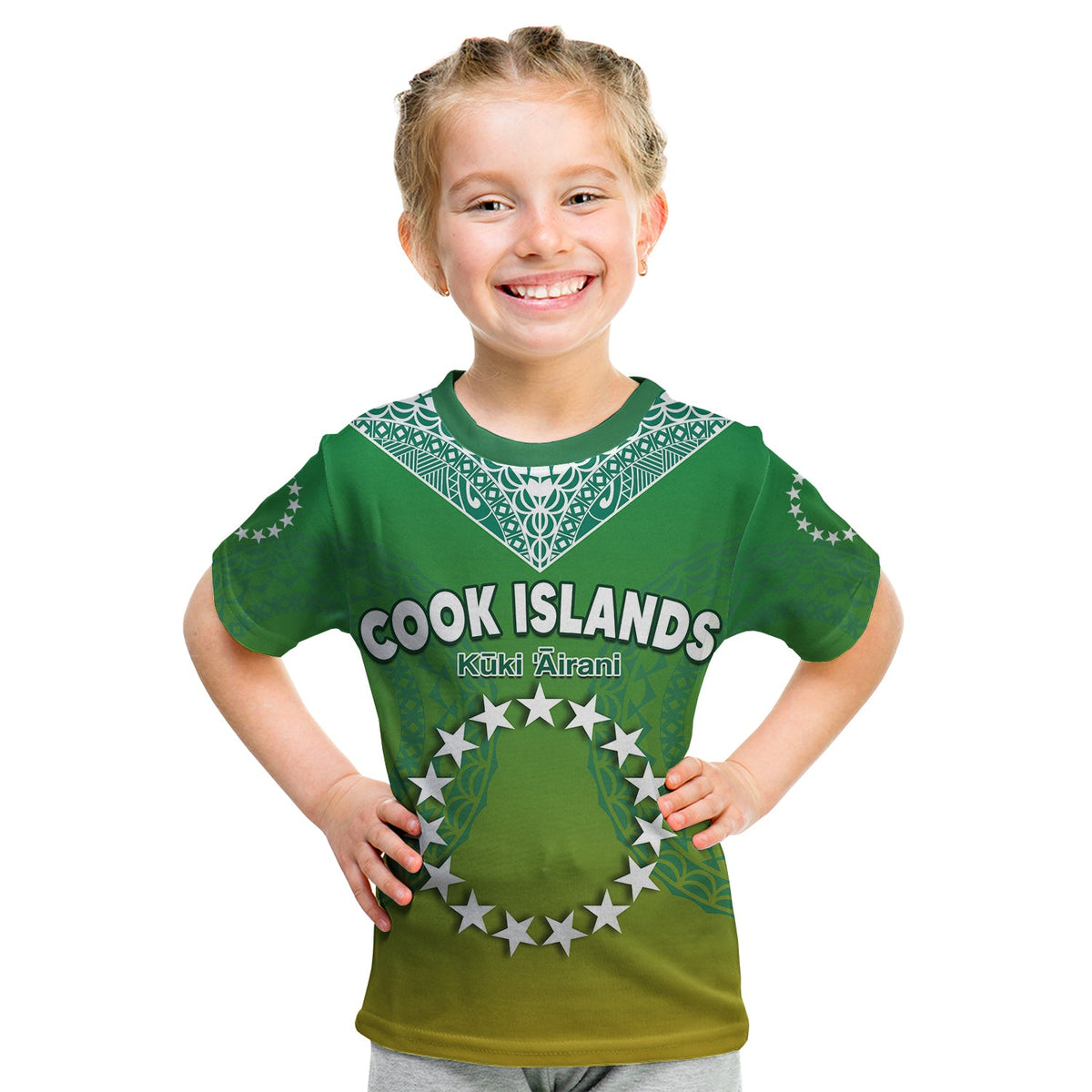 Green kids t-shirt front with white star ring and COOK ISLANDS/Kuki Airani text