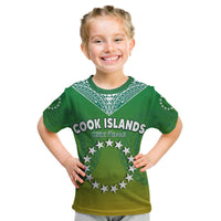 Green kids t-shirt front with white star ring and COOK ISLANDS/Kuki Airani text