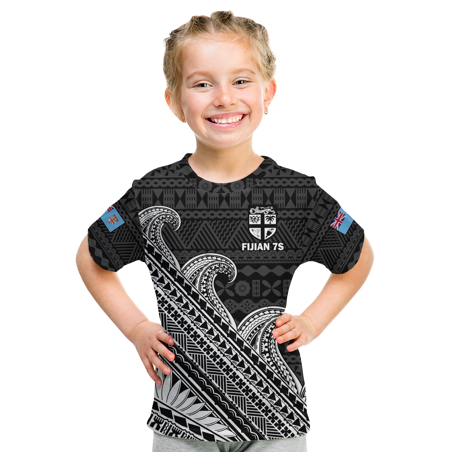 (Custom Text And Number) Fiji Sevens Rugby Fijian 7s Black Tapa Polynesian Art Kid T Shirt - Wonder Print Shop