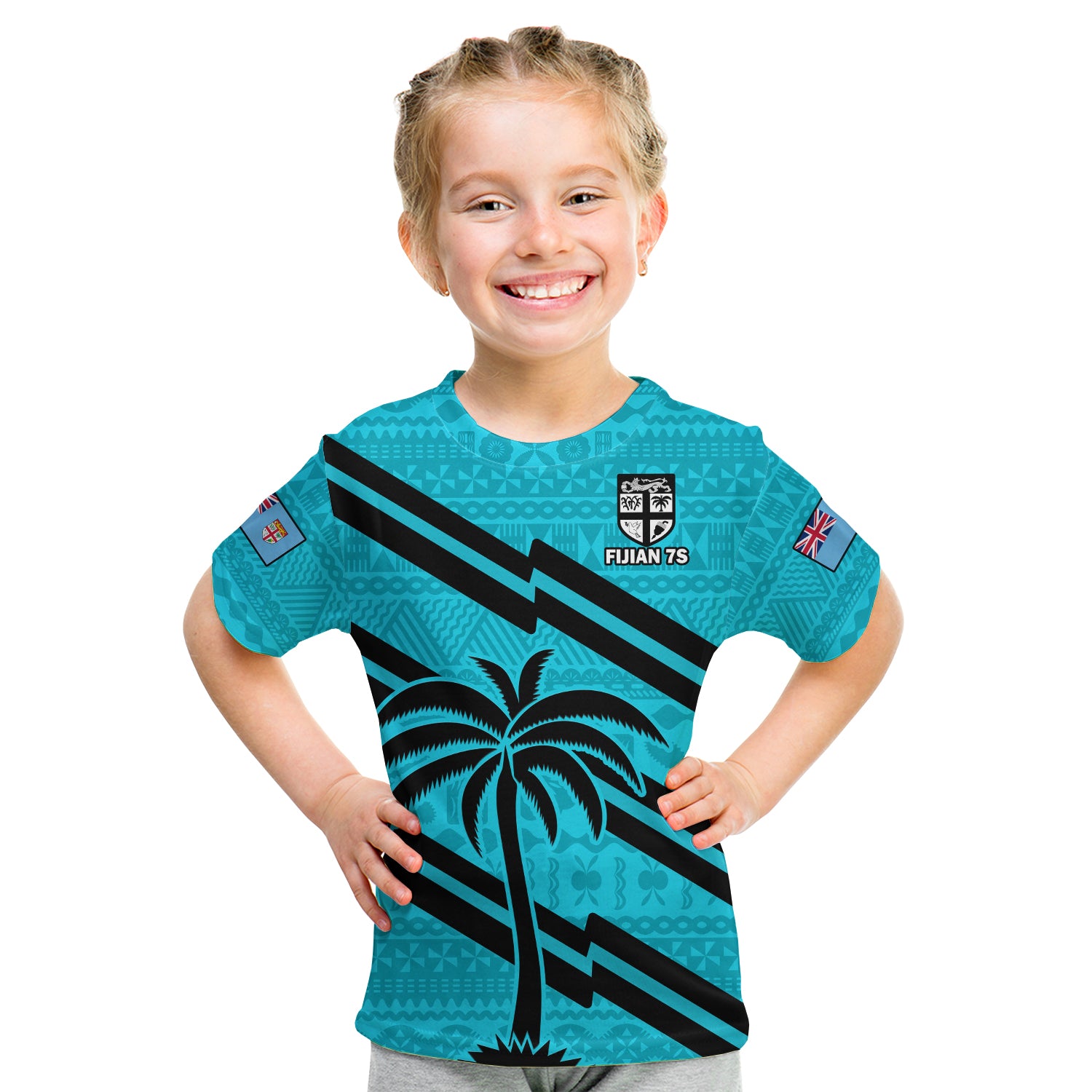 (Custom Text And Number) Fiji Rugby Tapa Pattern Fijian 7s Cyan Kid T Shirt - Wonder Print Shop