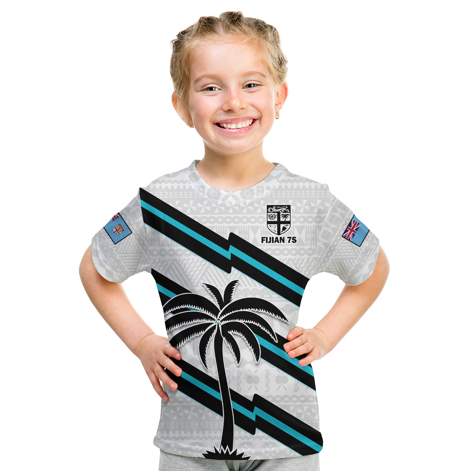 (Custom Text And Number) Fiji Rugby Tapa Pattern Fijian 7s White Kid T Shirt - Wonder Print Shop