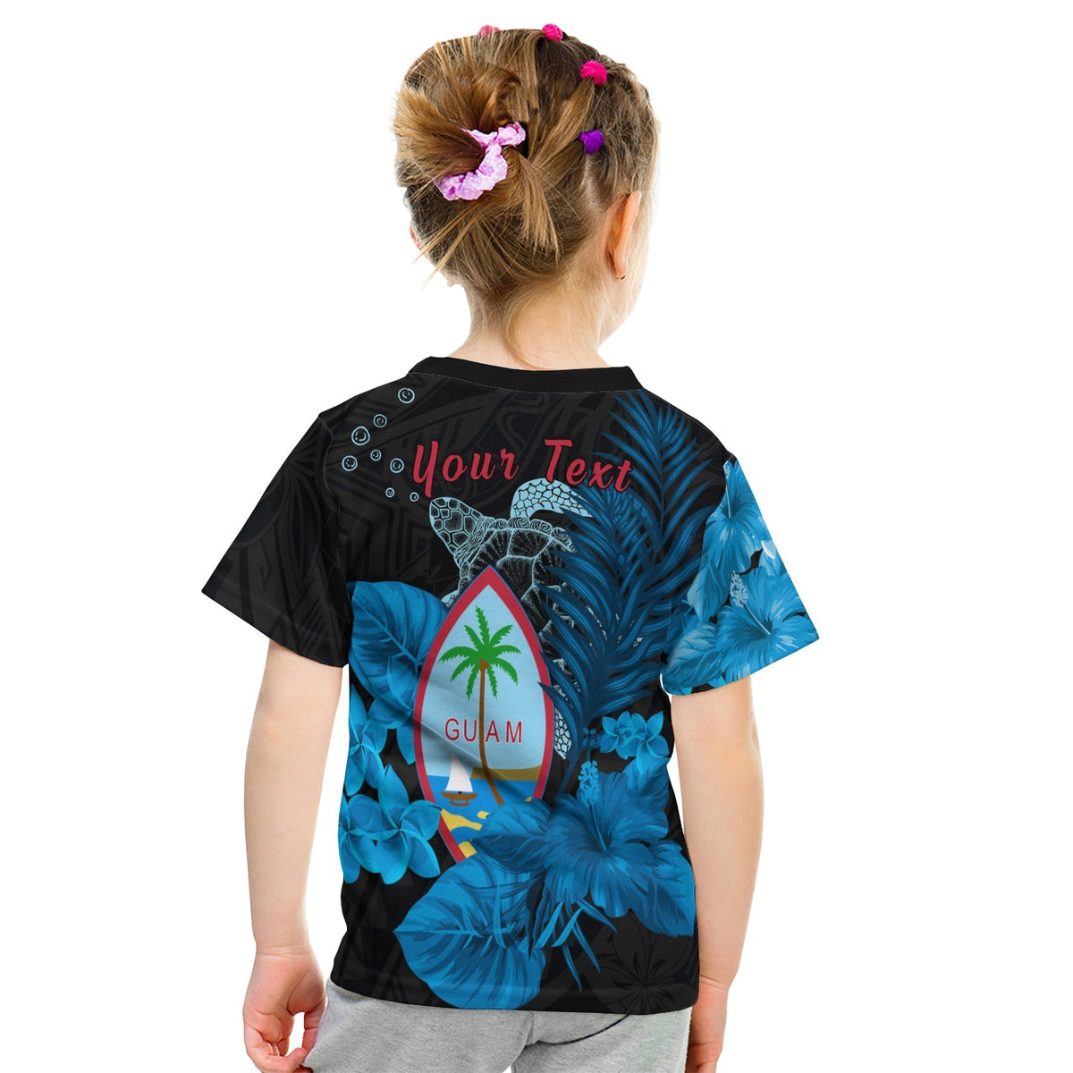 Custom Guam Seal T Shirt KID Polynesian Turtle with Flowers Version Blue LT13 - Wonder Print Shop
