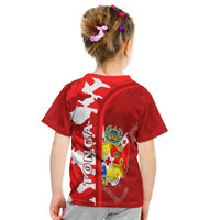 Kid red Tongan camouflage T-shirt with back crest and large 'TONGA' vertical print
