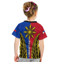 Kid T-shirt back view with Philippines sunburst and crest print in blue and red