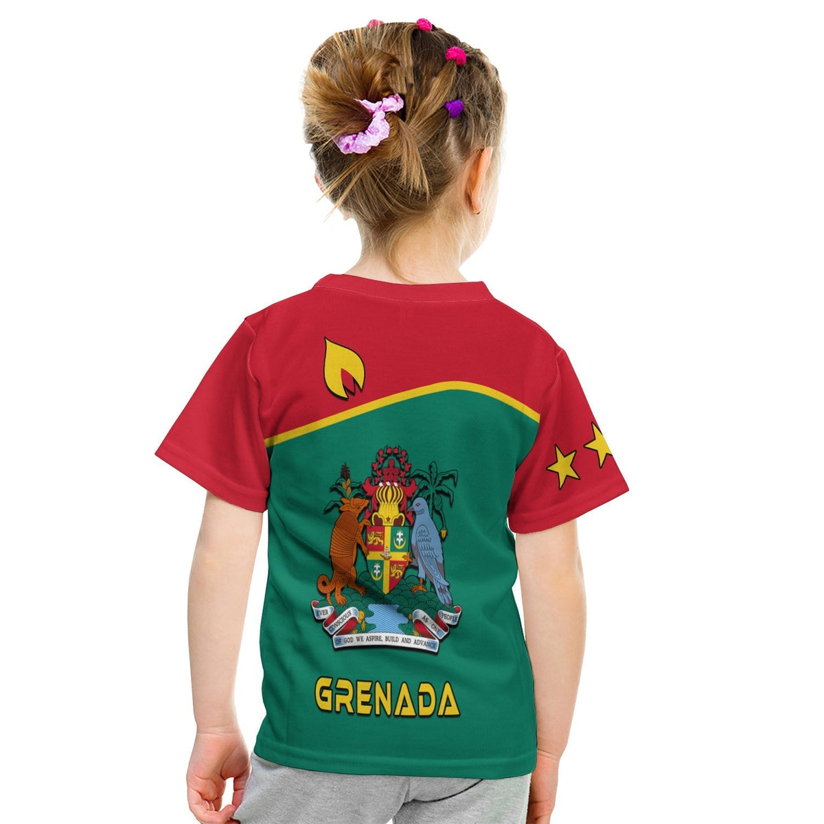 Kids red and green Grenada T-shirt with back coat of arms and "Grenada" text