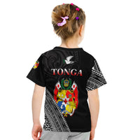 Kids black T-shirt back view with Tonga text, dove graphic, and crest
