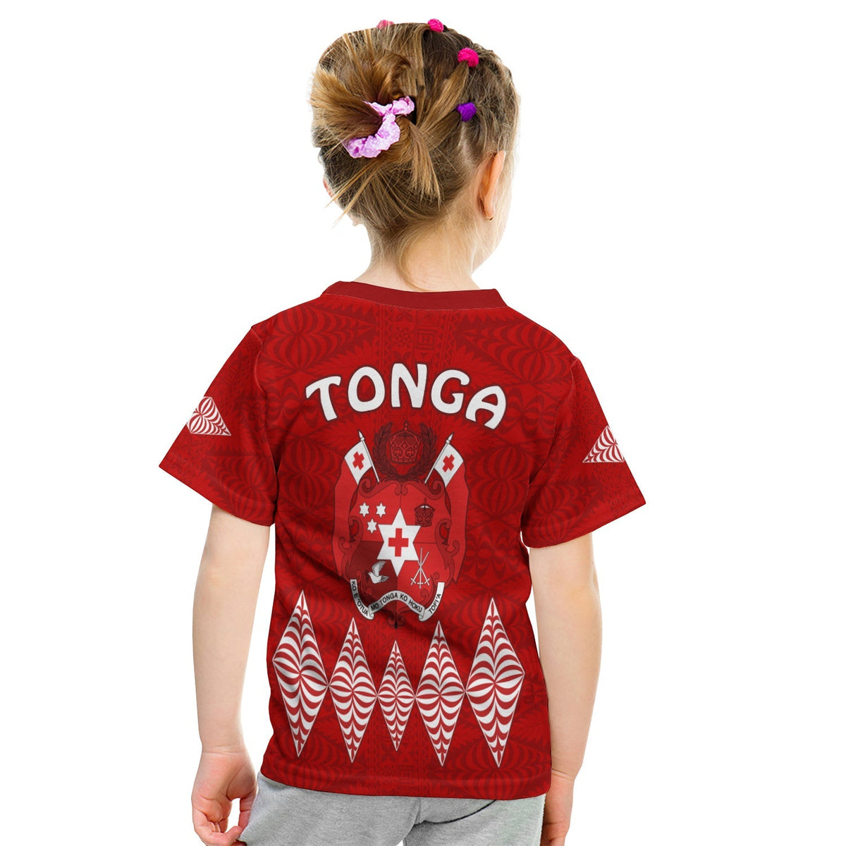 Kids red Tonga Warriors T-shirt, back view with 'TONGA' text and crest graphic