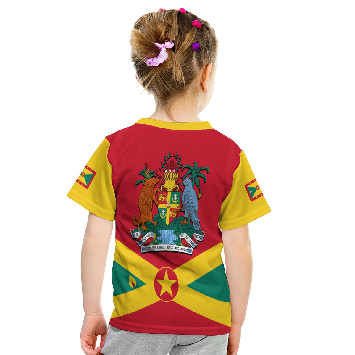 Red kids back T-shirt with Grenada crest, banner text, and flag colors