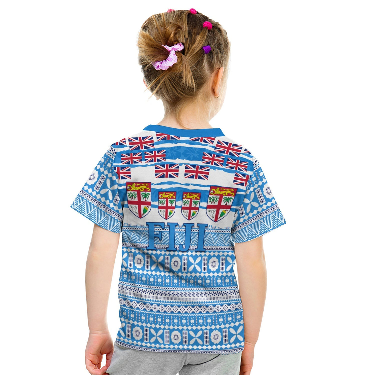 Kids blue T-shirt back view with shields and tribal pattern band print