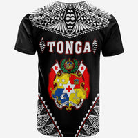 Black Tonga T-shirt with “TONGA” text and coat of arms crest graphic on back