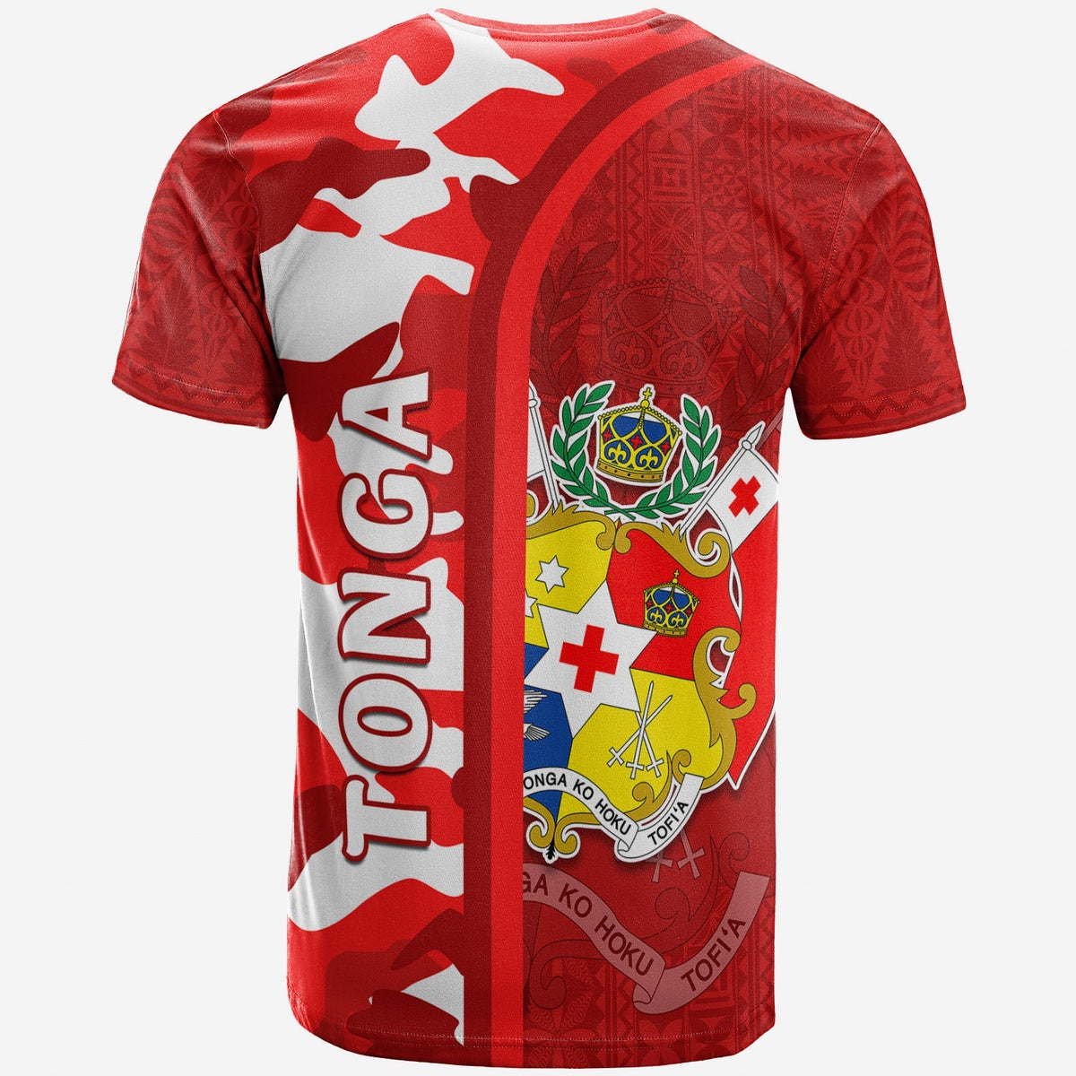 Back of red Tongan camo T-shirt with white camouflage, bold 'TONGA' text stripe
