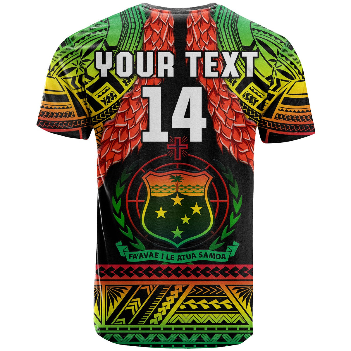 Samoa rugby t-shirt back with YOUR TEXT and large 14 number over crest