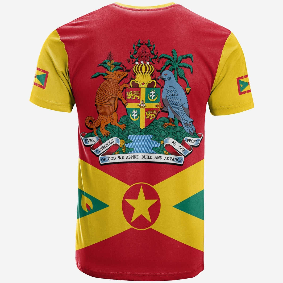 Custom Grenada T-shirt, red with yellow trim, back coat-of-arms over flag colors