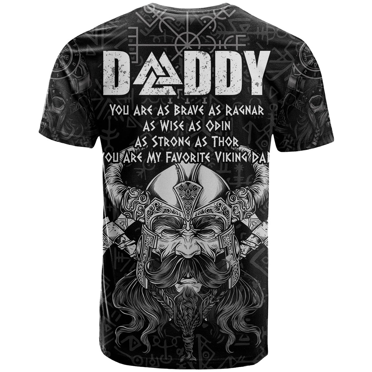 Adult black 'DADDY' Viking quote T-shirt, back Odin head and runes