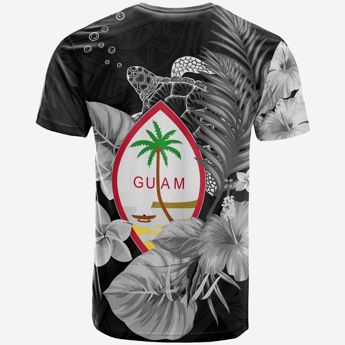 Back view black Guam turtle T-shirt with palm and floral leaves