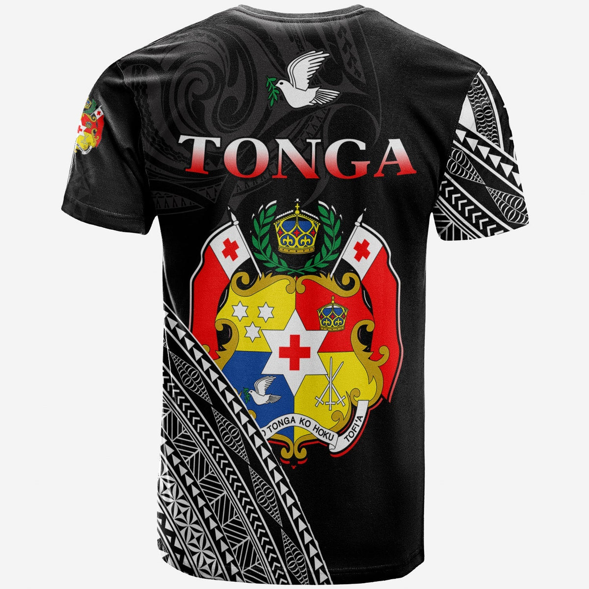 Black Tonga T-shirt with crest, TONGA lettering, dove graphic, and tribal side print