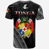Black Tonga T-shirt with crest, TONGA lettering, dove graphic, and tribal side print