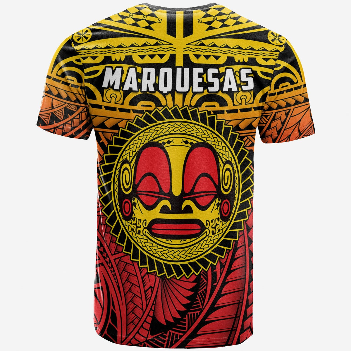 Yellow crewneck T-shirt with Marqueesas text and tiki face graphic, black and red pattern