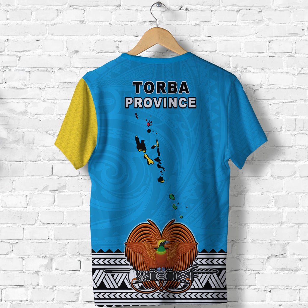 Blue Torba Province T-shirt, back print with TORBA PROVINCE text, bird/map motif