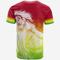 Red T-shirt with large white lion head print, back view