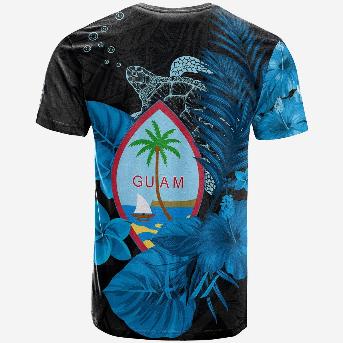 Guam Seal T Shirt Polynesian Turtle with Flowers Version Blue LT13 - Wonder Print Shop