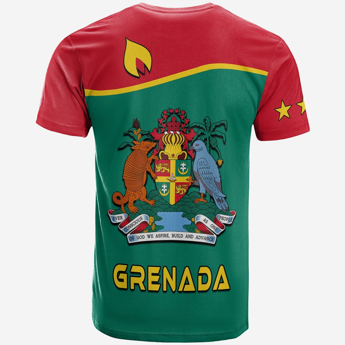 Multicolor T-shirt with back text 'GRENADA' and Grenada coat of arms on green