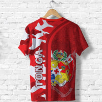 Back red Tongan camo T-shirt with white TONGA letters and crest shield