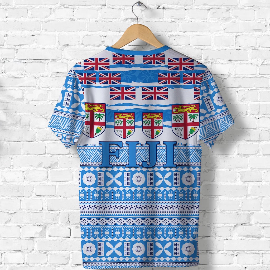 Blue tropical floral and Polynesian-style print T-shirt, back view with patterned bands