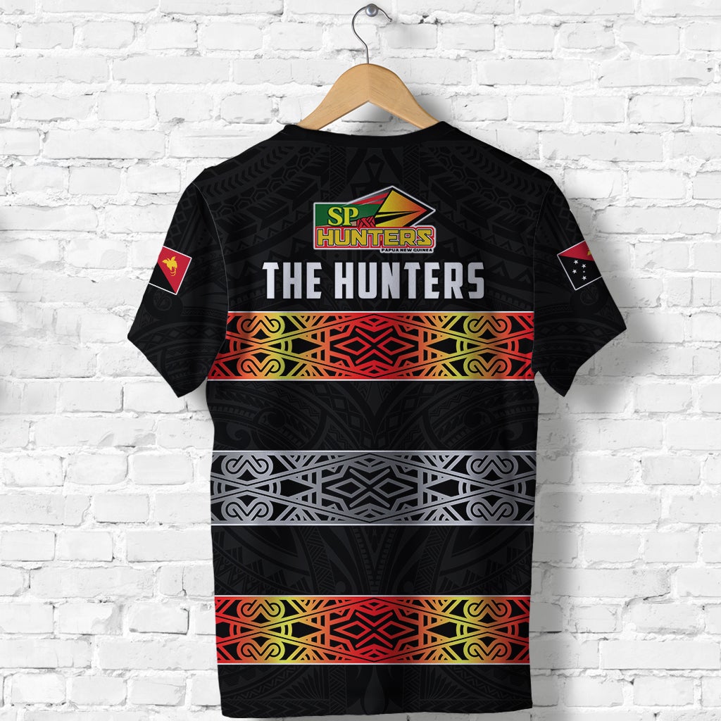 Black PNG Hunters rugby T-shirt back design with “The Hunters” text and crest