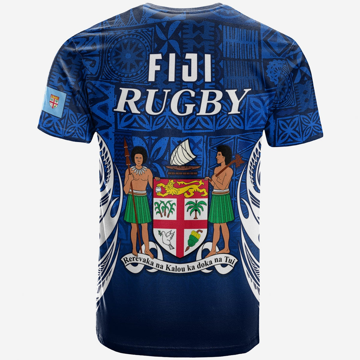 Back of blue Fiji Rugby T-shirt with tapa pattern and illustrated shield panel