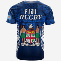 Back of blue Fiji Rugby T-shirt with tapa pattern and illustrated shield panel