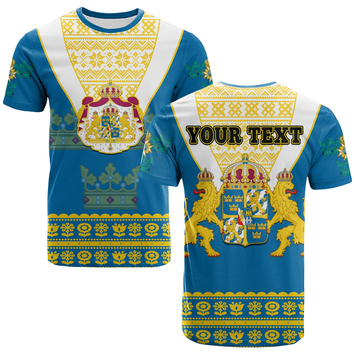 Custom Sweden T Shirt Swedish Coat Of Arms With Scandinavian Flowers - Wonder Print Shop