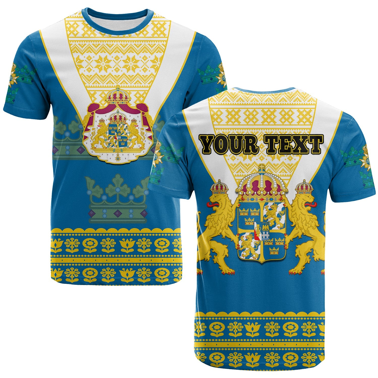 custom-personalised-sweden-t-shirt-swedish-coat-of-arms-with-scandinavian-flowers