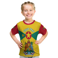 Kids Grenada T-shirt, yellow with maroon trim; front emblem and coat of arms
