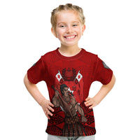 Kids red T-shirt with warrior king graphic, crown, shield, and patterned border