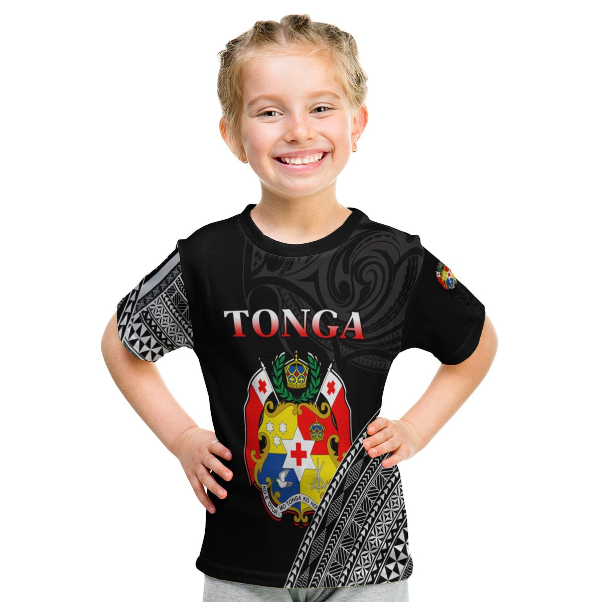 Tonga T Shirt KID Tongan Pattern Blithesome Version Black LT13 - Wonder Print Shop